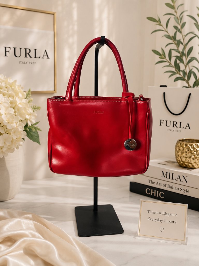 Furla Red Leather Tote / Satchel Bag Crossbody Handbag With Charm